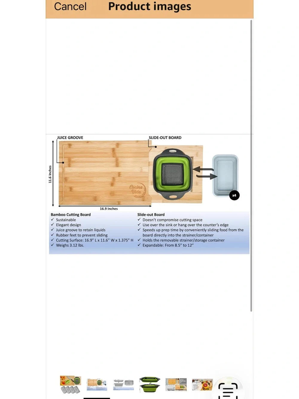 Bamboo cutting board with 3 collapsible container and strainer new
